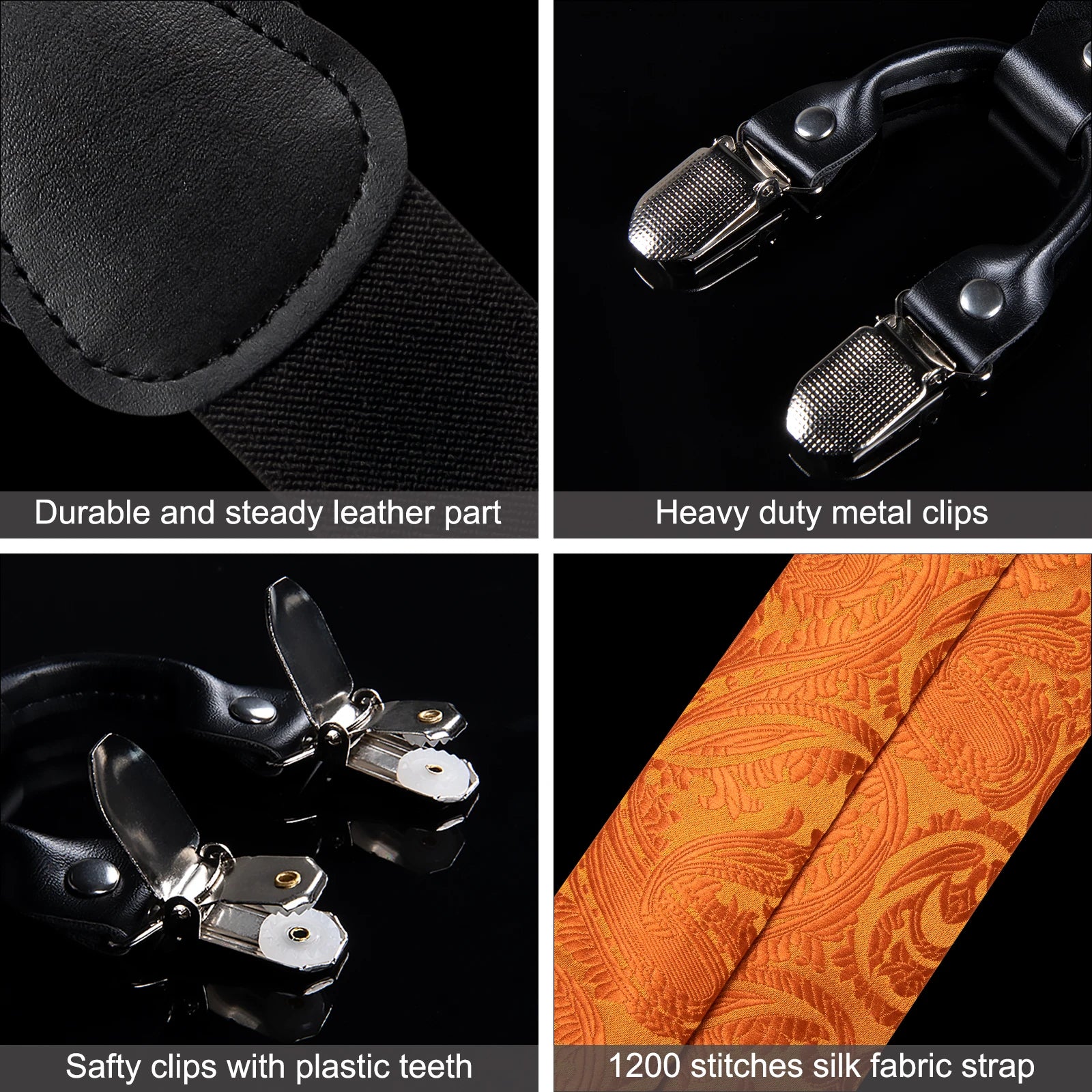 Fashion Men's Adjustable Suspenders Orange Paisley Pre-tied Bowtie Pocket Square Cufflinks Set for Wedding Party Business