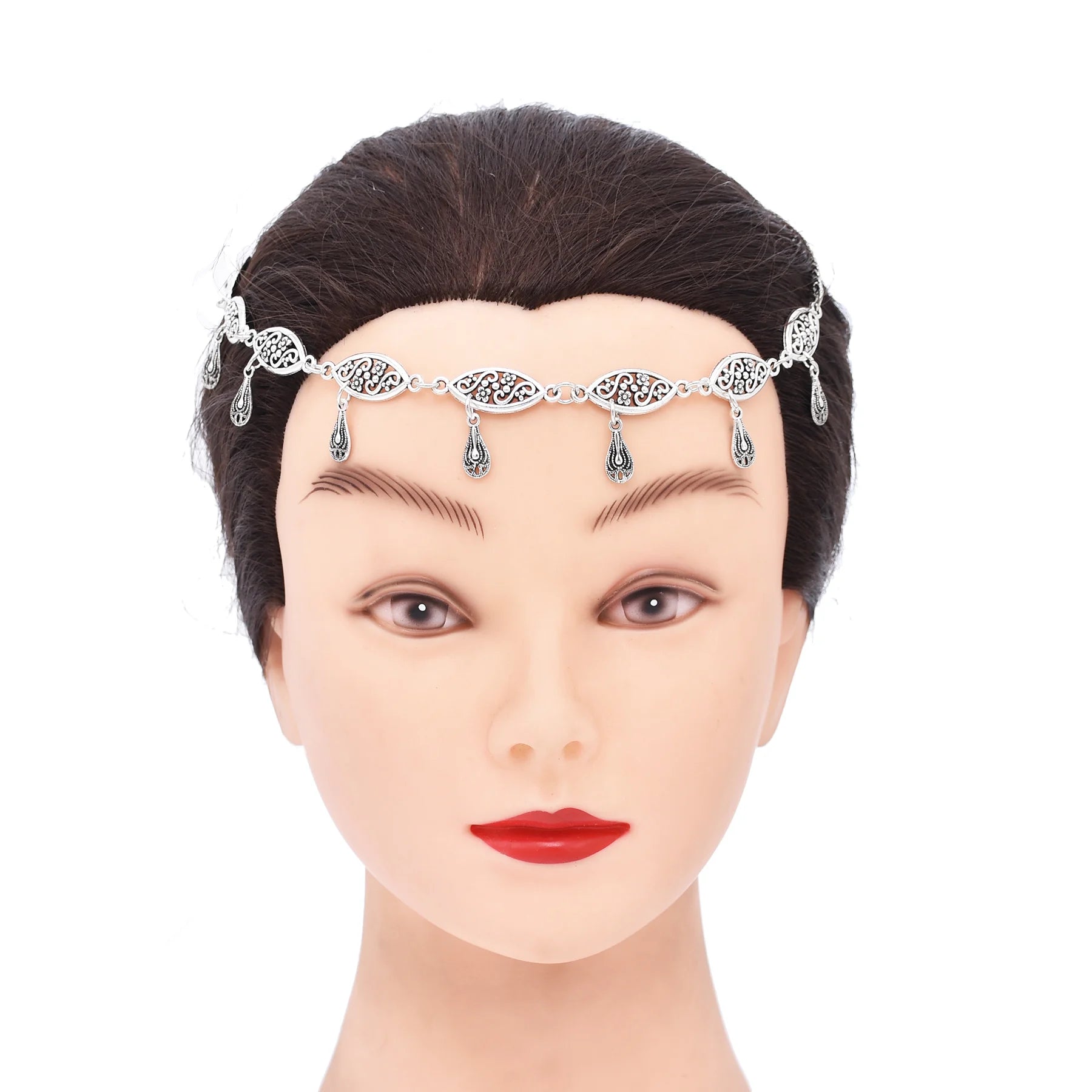 Retro Silvery Alloy Hollow Moon Pendant Forehead Headpiece for Women Boho Ethnic Indian Hippie Party Hair Accessories Jewelry