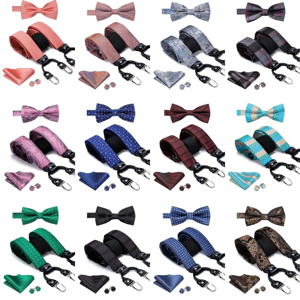 Hi-Tie Vintage Silk Men's Suspender Set Fashion Gold Floral Suspender and Bow Tie Set Leather Metal 6 Clips Suspender Braces