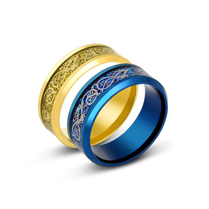 8mm Stainless Steel Domineering Dragon Pattern Rings for Men Women Punk Inlaid Blue Carbon Fibre Ring Bagues Pour Femme