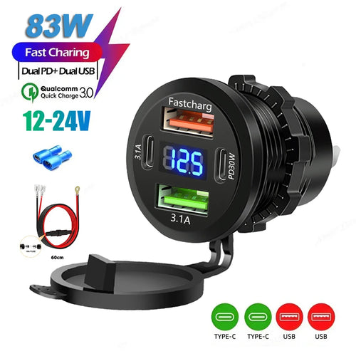 4-Port Car Charger – Dual USB & Type-C Fast Charging with Voltmeter