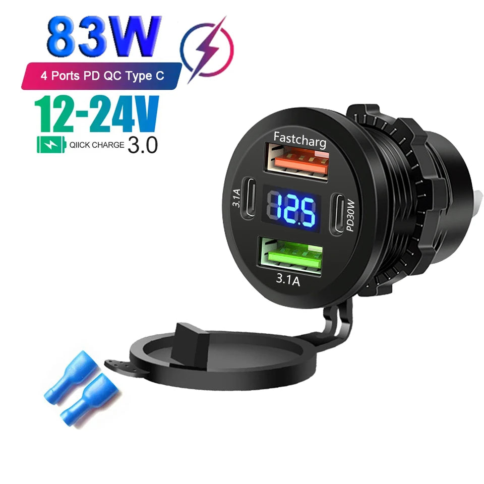 4-Port Car Charger – Dual USB & Type-C Fast Charging with Voltmeter