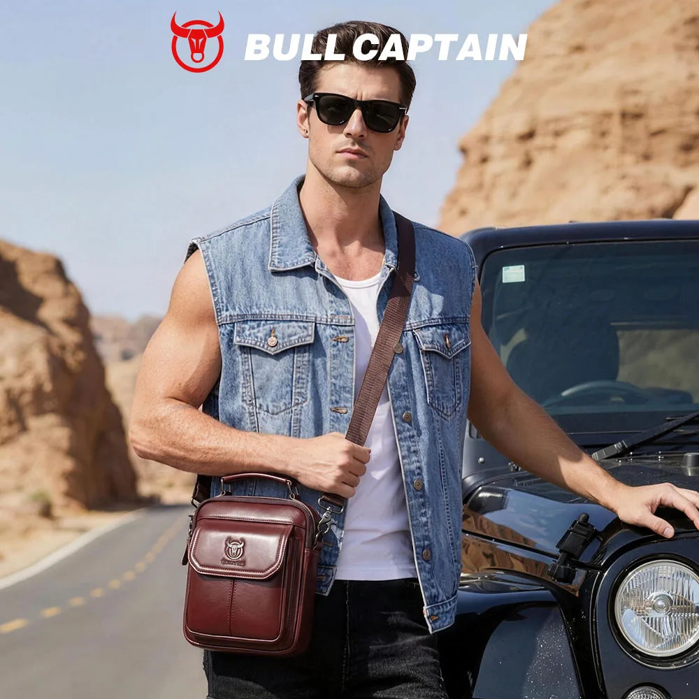 BULLCAPTAIN Men's Genuine Leather Shoulder Bag Multifunctional 7.9-inch Tablet Handbag Retro Casual Crossbody Bag Cowhide