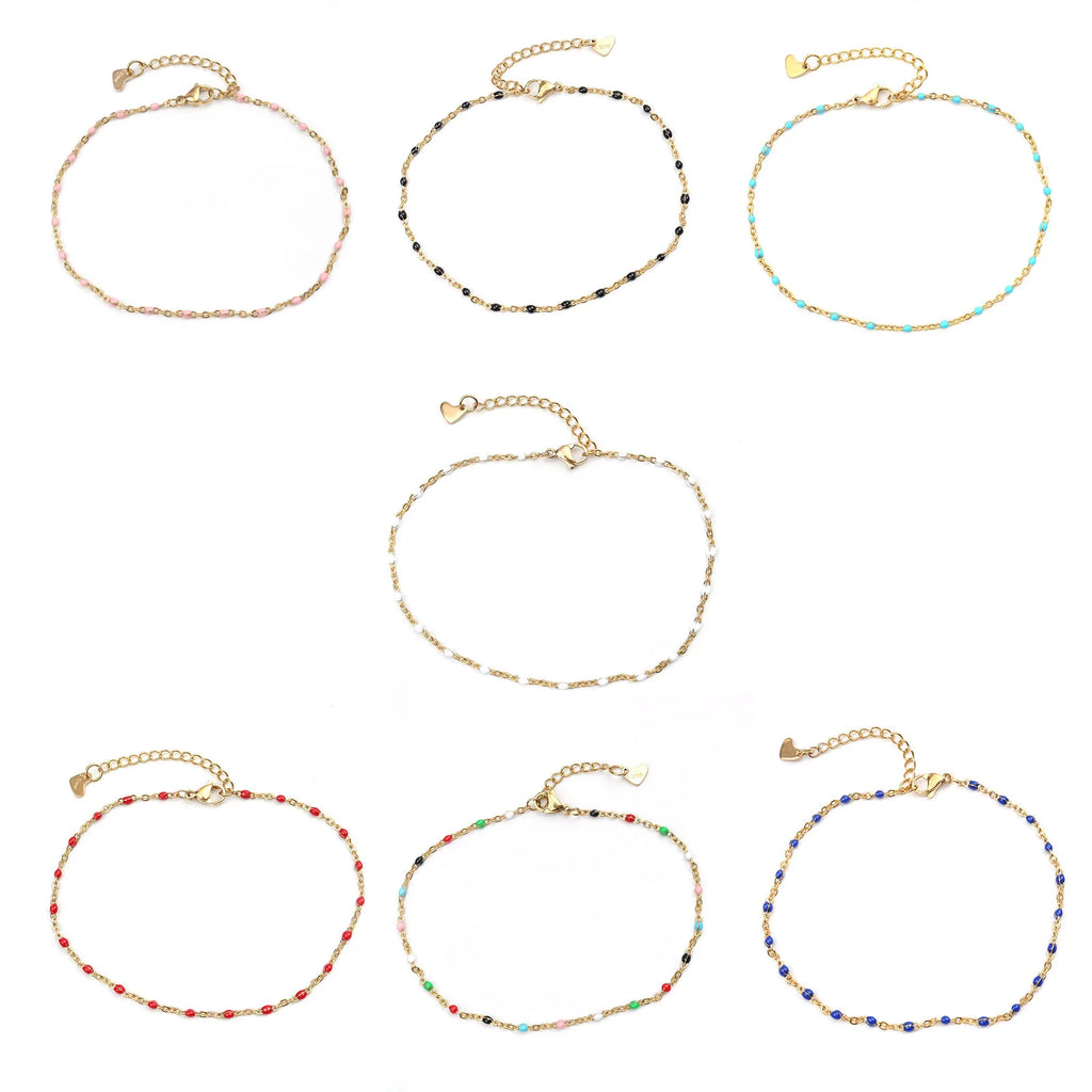 Fashion Colorful Enamel Beads Anklet Gold Color Stainless Steel Chain Anklet Bracelet For Women Summer Beach Foot Jewelry 23cm