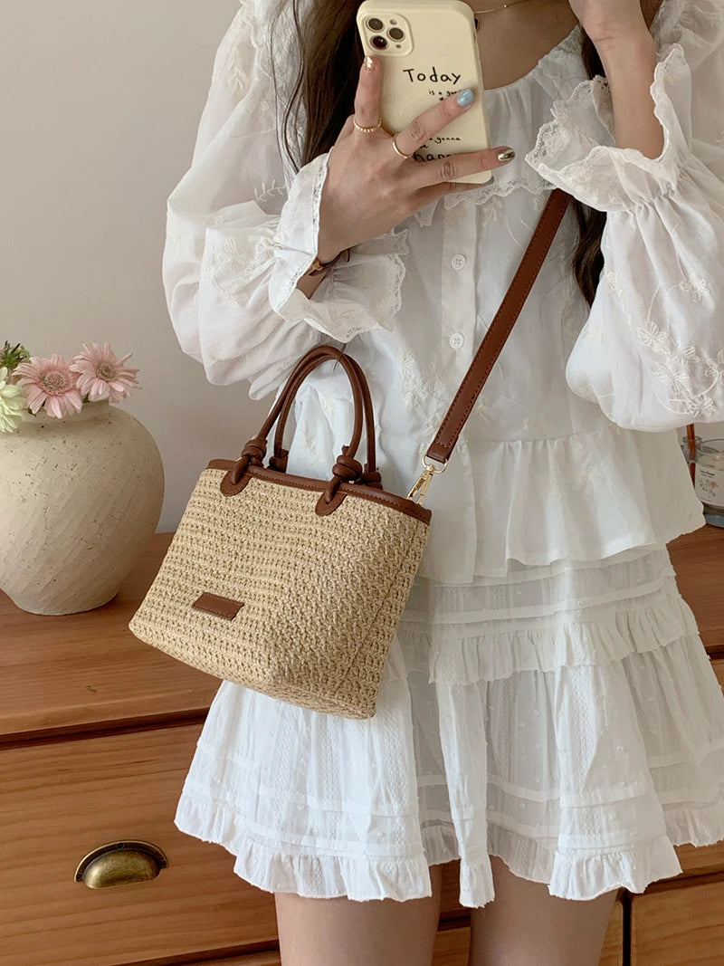 Summer Vacation Women's Beach Straw Shoulder Bag Retro Design Ladies Portable Crossbody Bags Knot Basket Woven Tote Handbags