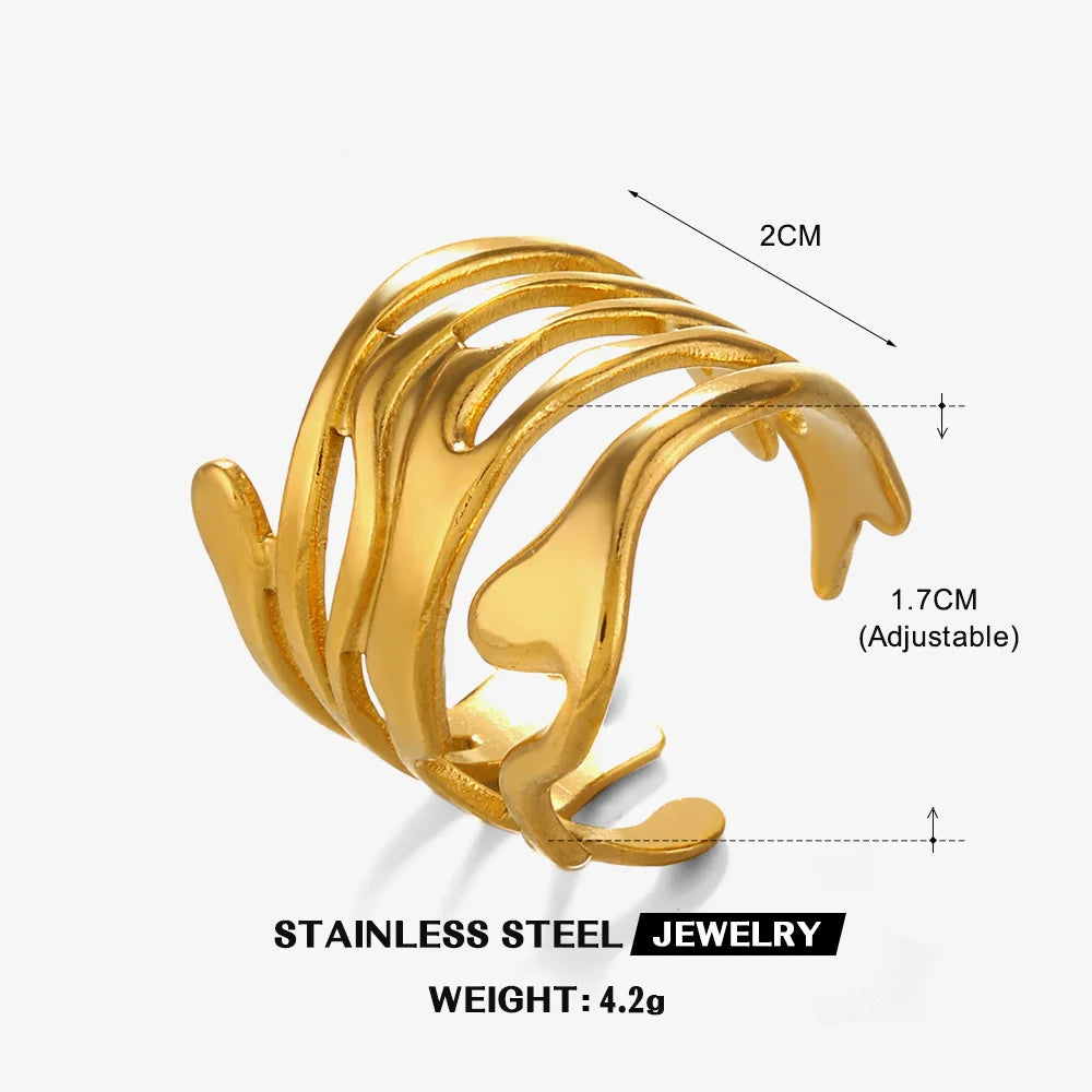 LATS Stainless Steel Lava Irregular Hollow  Ring for Women Metal Texture Waterproof Daily Simple Stylish Golden Rings Jewelry