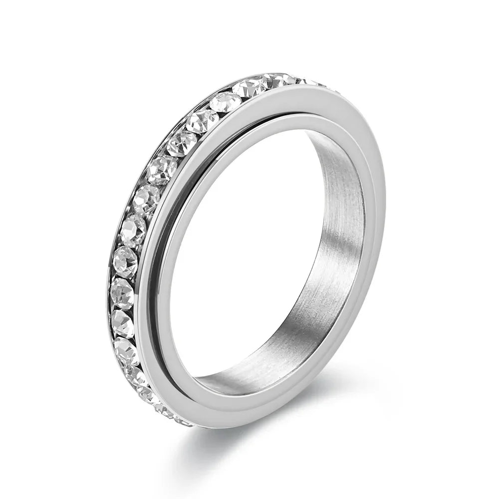 4MM Stainless Steel Spinner Finger Rings For Women Crystal Rotatable Wedding Ring Men Fashion Anniversary Party Jewelry