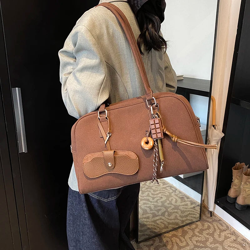 Big Size Women Bowling Bags Suede Pure Color Large Capacity Shoulder Crossbody Bag With Long Strap 2024 Luxury Designer Handbags