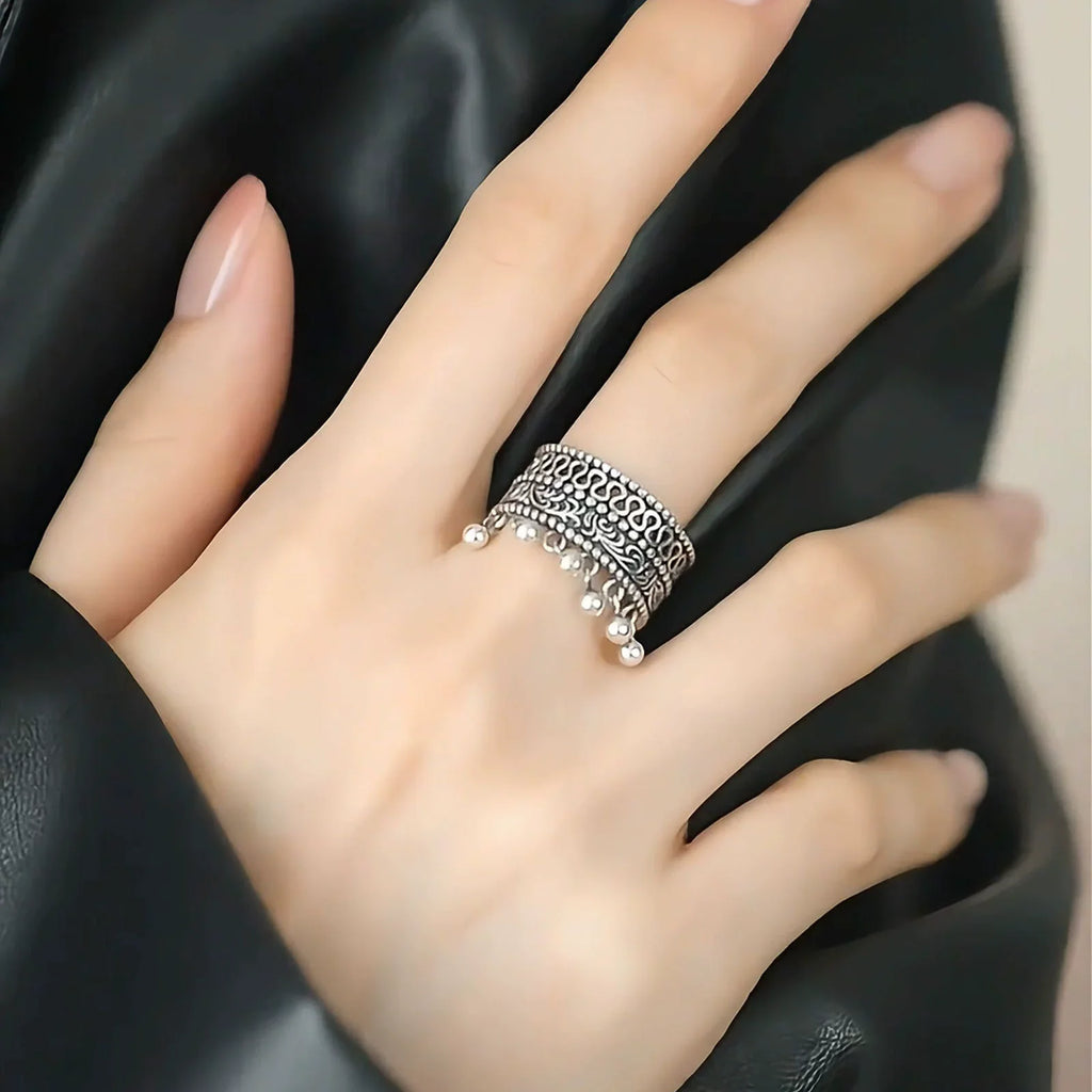 XIYANIKE Vintage Thai Silver Round Beads Tassel Adjustable Finger Rings For Women Hiphop Fashion New Jewelry Gift Party Rock