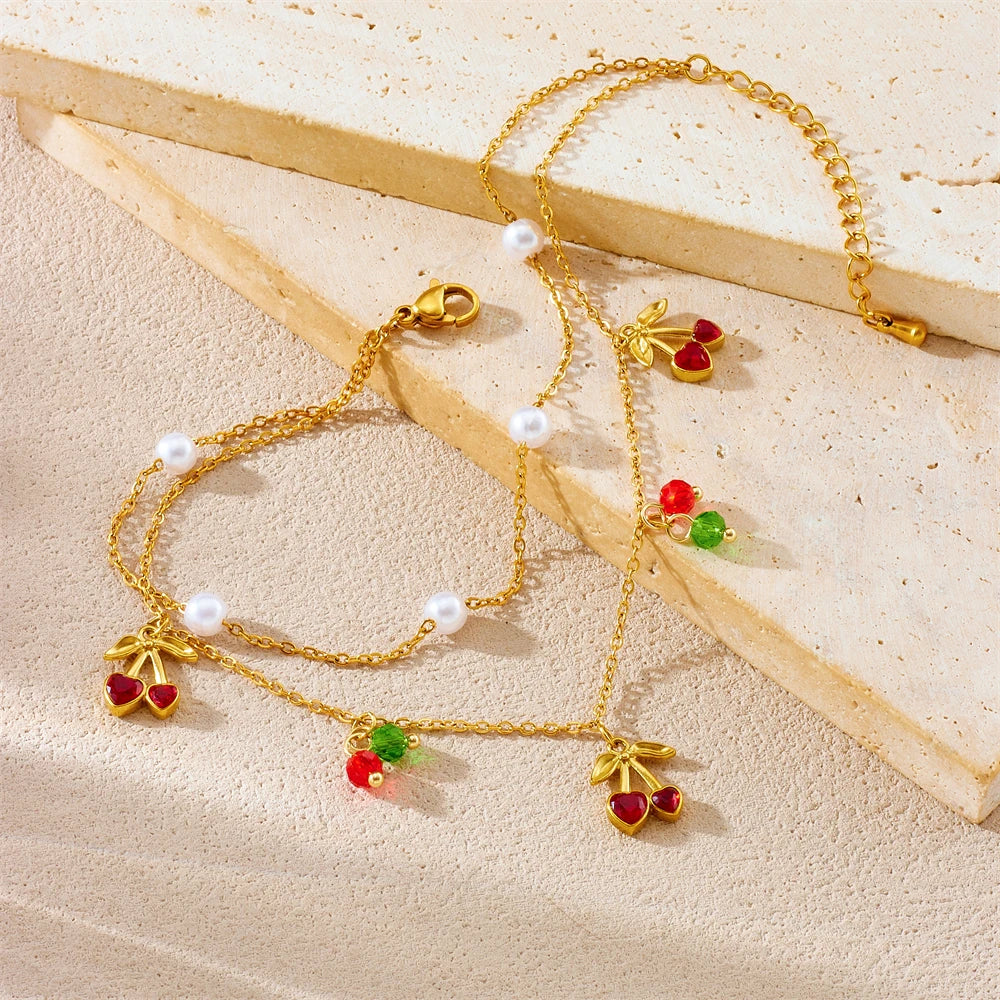 DIEYURO 316L Stainless Steel Golden Ocean Series Zircon Pearl Tassel Pendant Anklets Lady New Waterproof Foot Chain Jewelry Gift