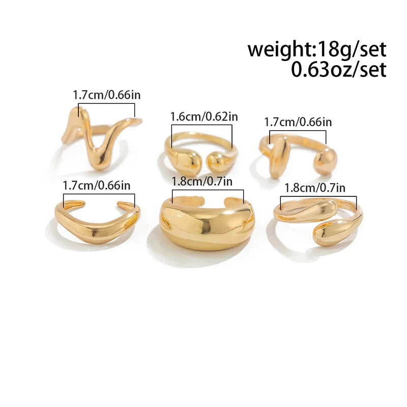 Fashion 6Pcs/Set Smooth Metal Opened Rings for Women Punk Personality Irregular Gold Silver Color Finger Rings Female Jewelry