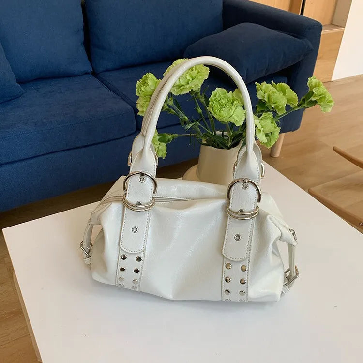 Fashion Rivet Women Shoulder Bag PU Leather Hot Girl Motorcycle Bag Bolsa Feminina Female Underarm Bag Ladies Big Handbag Black