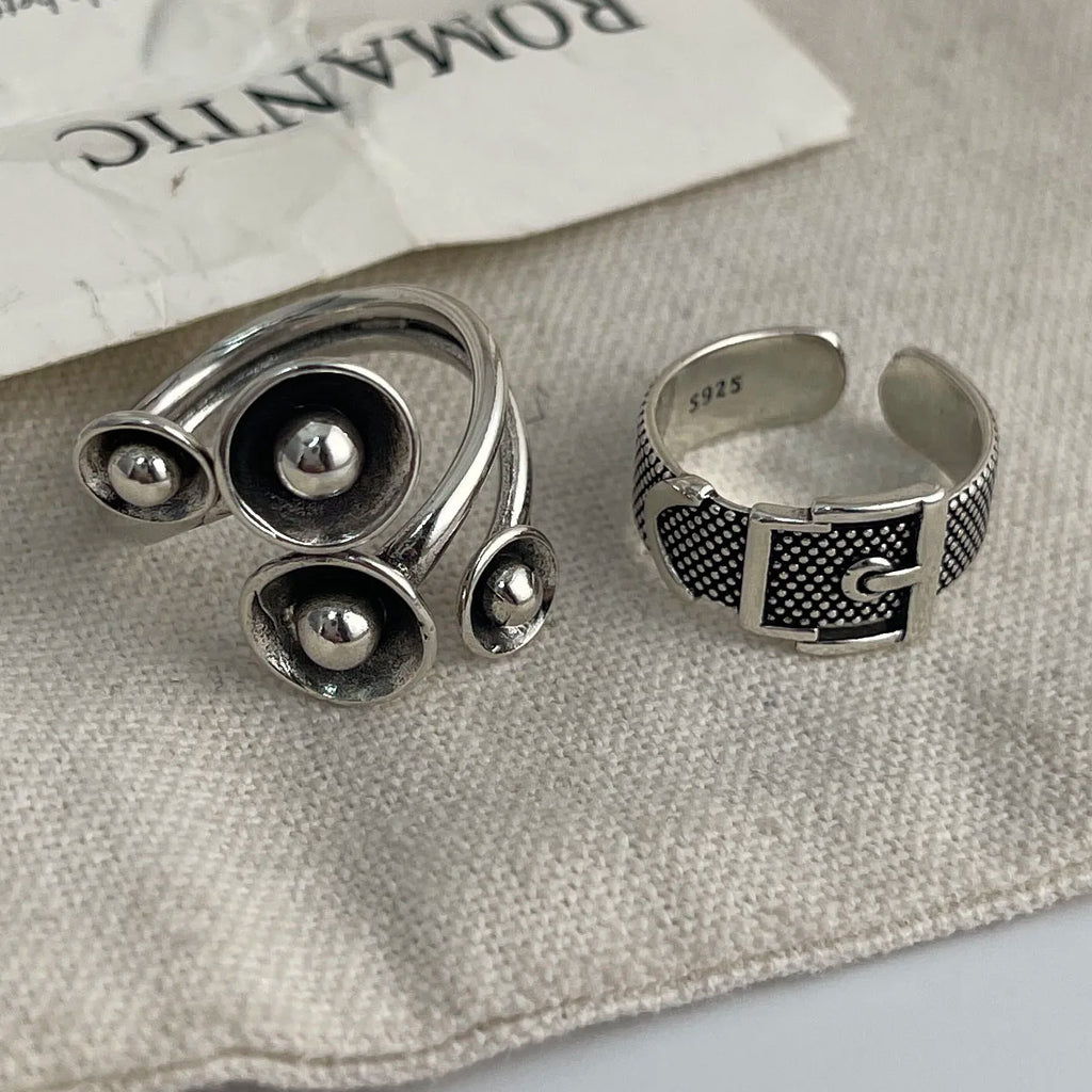 925 Sterling Silver Rings For Women Geometric Fine Jewelry Finger Adjustable Simple Retro Flower Ring For Party Birthday Gift