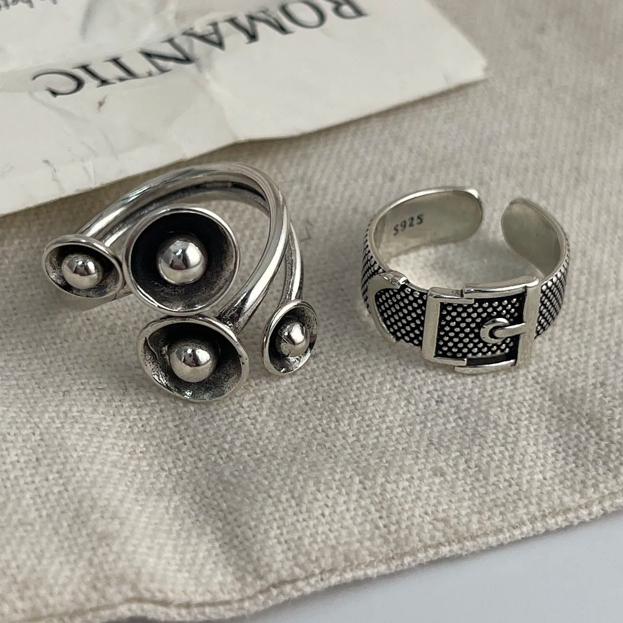 925 Sterling Silver Rings For Women Geometric Fine Jewelry Finger Adjustable Simple Retro Flower Ring For Party Birthday Gift