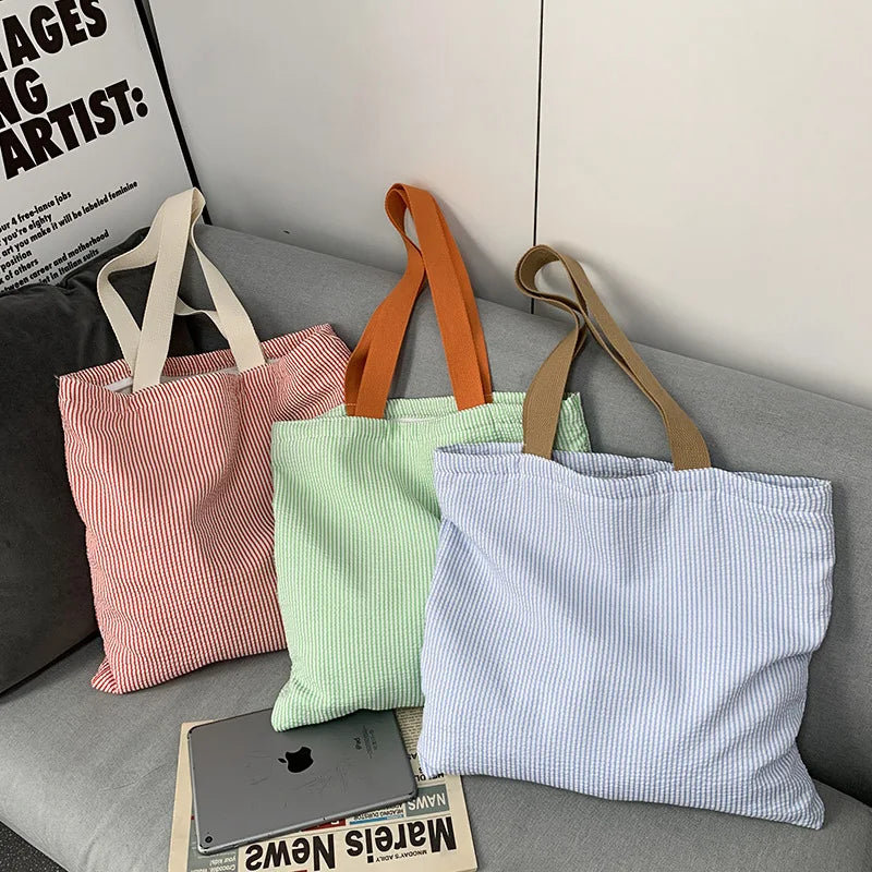 Stripe Contrast Color Women's Canvas Shoulder Bag Large Capacity CollegeBook Tote Zipper Handbags Simple Commuter Shopping Bag
