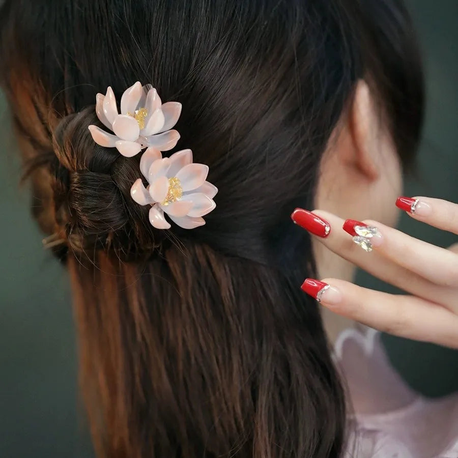 2pcs Vintage Hairpin Glazed Flower Tiara Chinese Hanfu Hair Accessories Lotus Shaped U-shaped Hair Clip Forks Retro Hair Jewelry