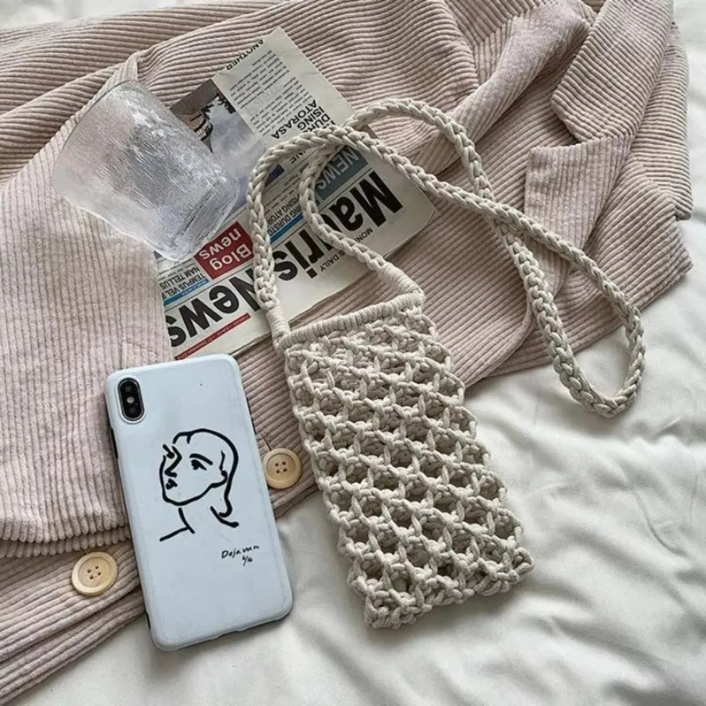 Hollow-out Woven Crochet Small Crossbody Phone Bag Women Fashion Solid Color Lightweight Braided Shoulder Handbag Crossbody Bags