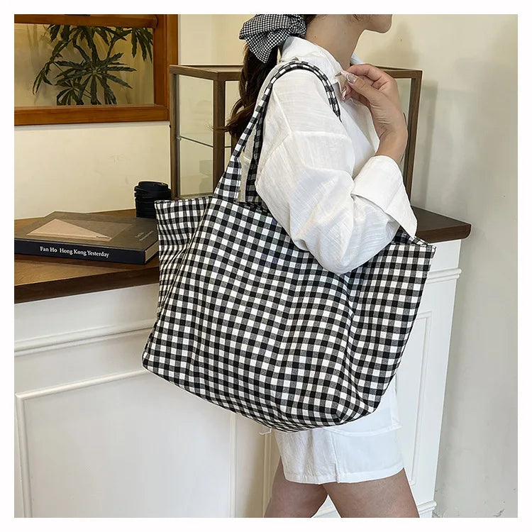 Large Capacity Plaid Women's Canvas Shoulder Bags Simple Commuter Female Shopping Bag College Girls Book Tote Travel Handbags