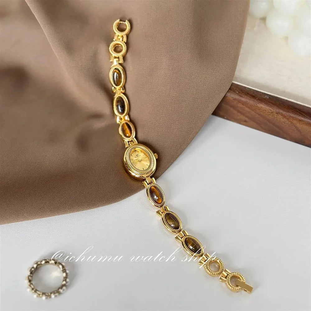Women's Gold Watch Vintage Brown Jade Bracelet Small Dial Quartz Daily Wear Party Clock Luxury Waterproof Ladies Watches Gifts