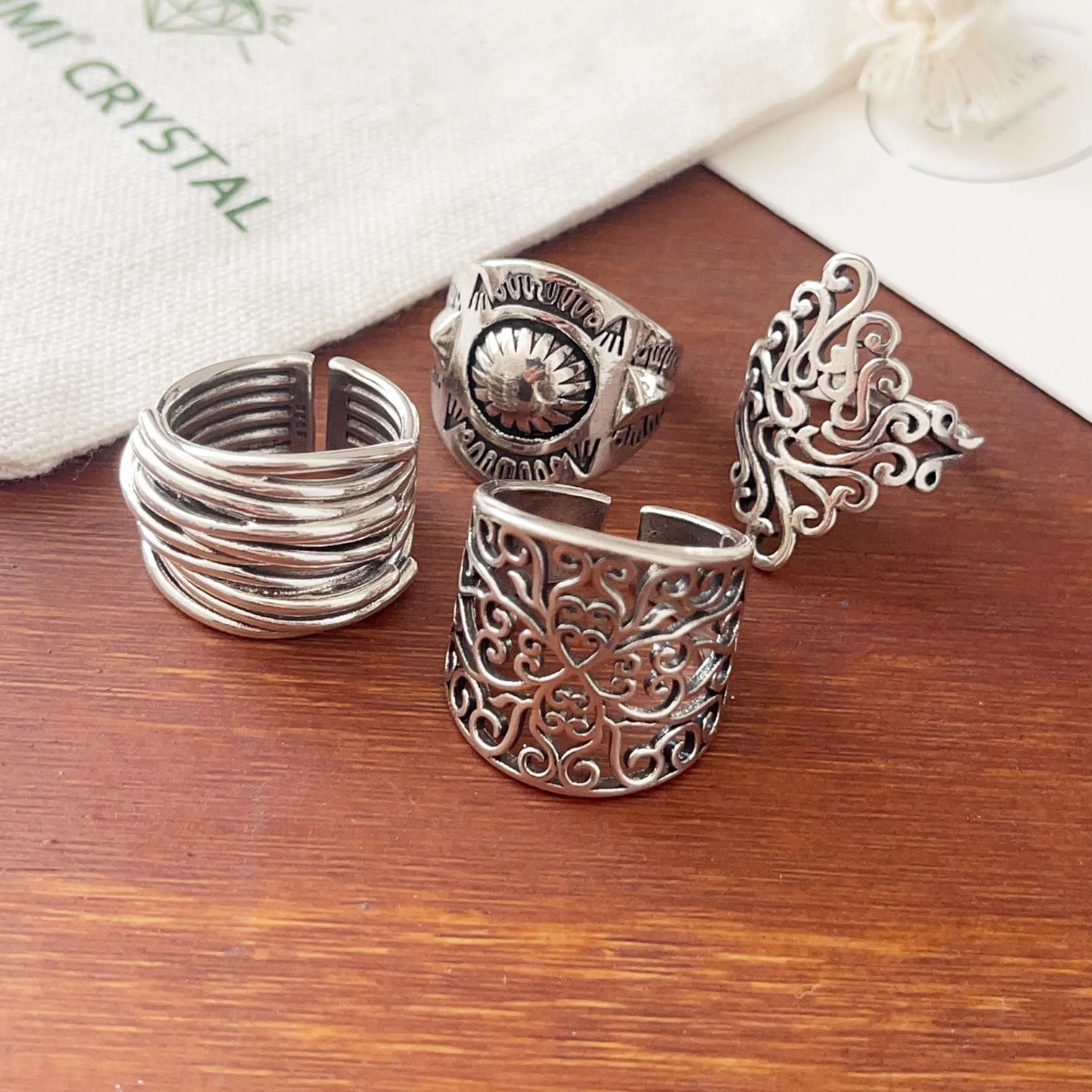 925 Sterling Silver Rings For Women Geometric Fine Jewelry Finger Adjustable Retro Flower Hollow Ring For Party Birthday Gift
