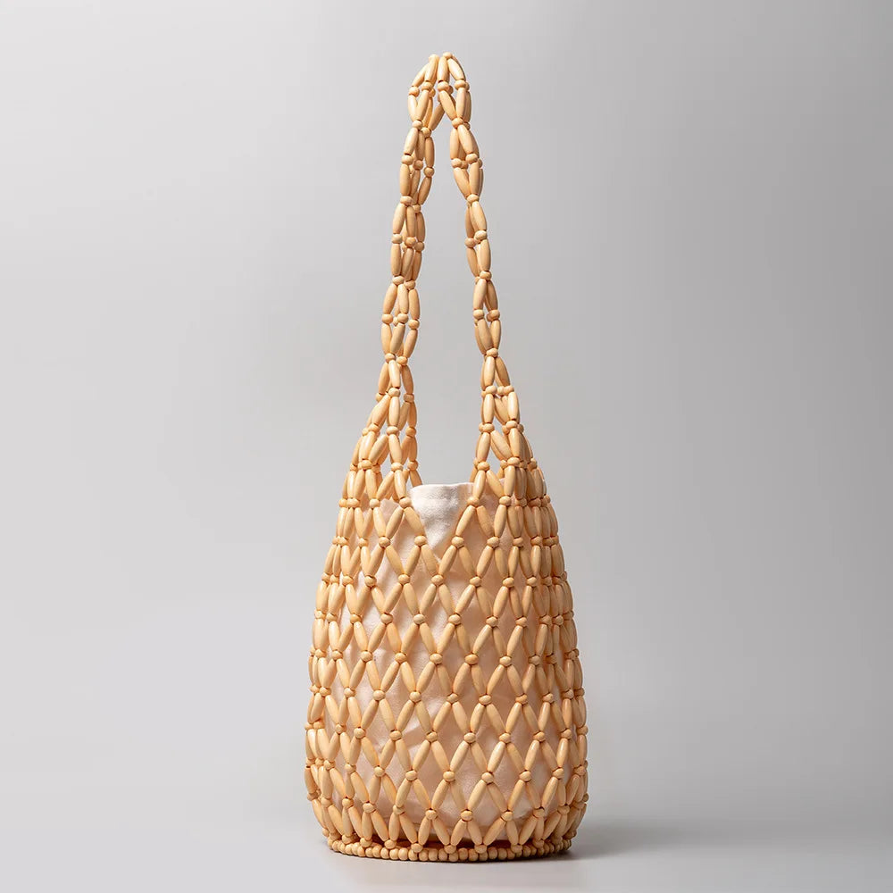 Women Woven Hand Bag Summer Design Hollow-Out Wooden Bead Tote Bucket Shoulder Bag Female Reticulate Netted Canvas Beach Handbag
