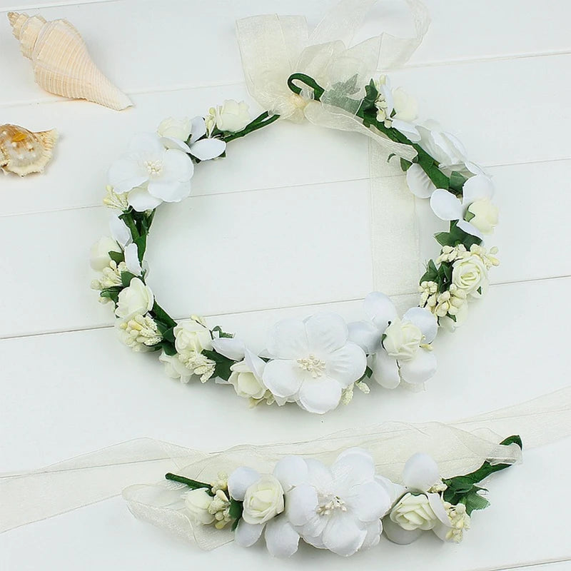 Flower Crown Wreath Bride Garland with Ribbon Communion Wreath Handmade Headband Headpiece Fairy Tiaras Wedding Hair Accessories