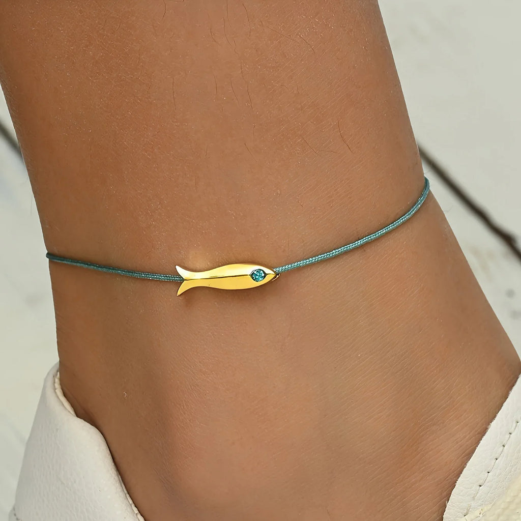 Cute Blue Fish Anklets Women Girls Bohemian Style Gold Color Animal Handmade Red Rope Adjustable Foot Chain Jewelry Accessories