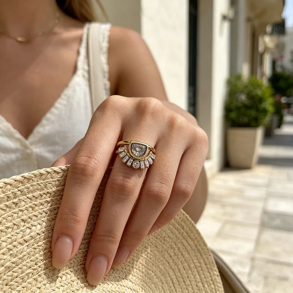 E.B.belle Stainless Steel Rhinestone Jewelry Elegant Sun Layer Shaped Ring  Tarnish Free For Women's Gift Party