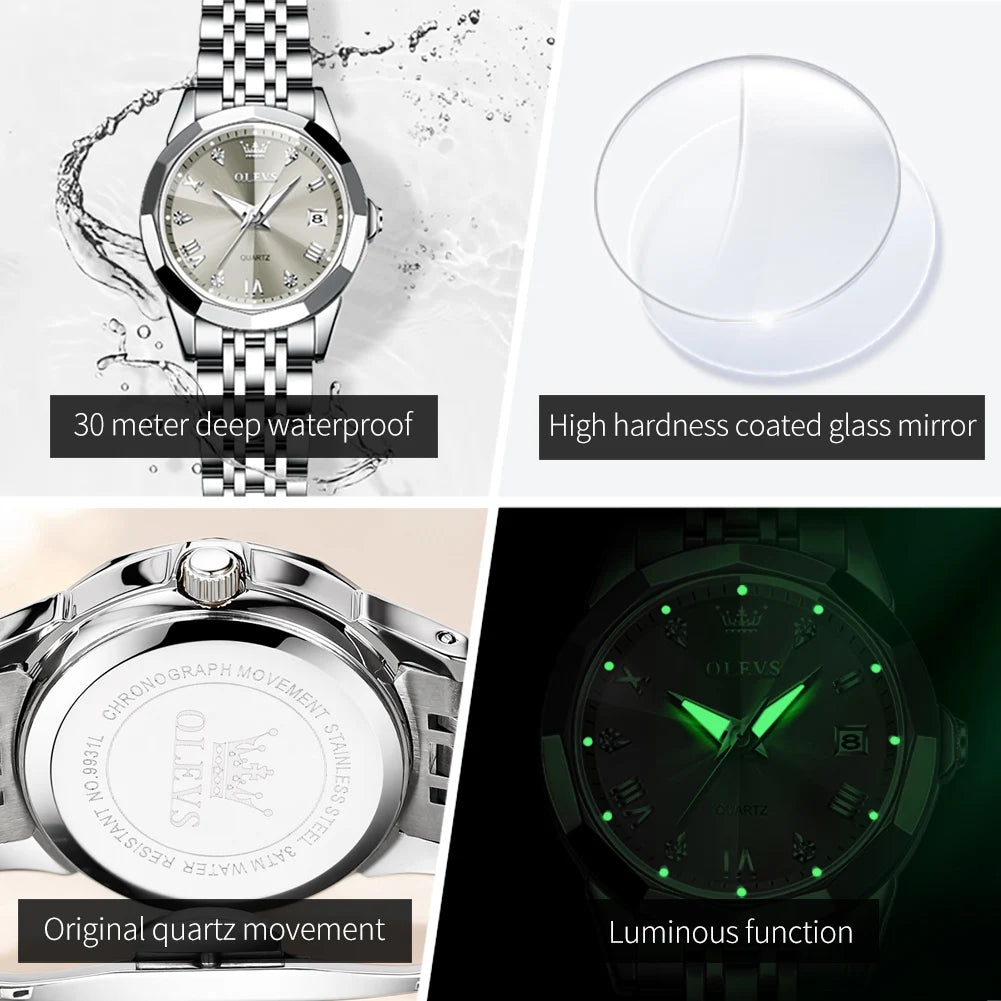 OLEVS 9931 Elegant Fashion Women's Watches Luxury Brand Original Quartz Watch for Ladies Waterproof Stainless Steel Luminous Dat