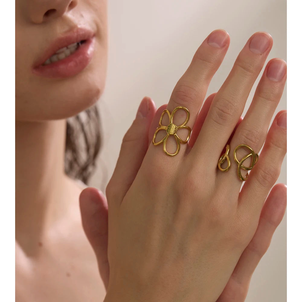 Yhpup Trendy Stainless Steel Metal Flower Adjustable Fashion Finger Ring Rust Proof Attractive Daily Jewelry Accessories Gift