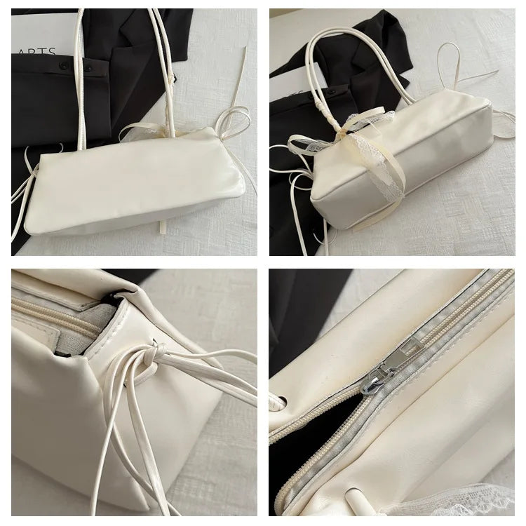 Fashion Bow Lace Ribbons Pu Shoulder Bags for Women Versatile Commuter Ladies Underarm Bag Solid Color Female Handbags Purse