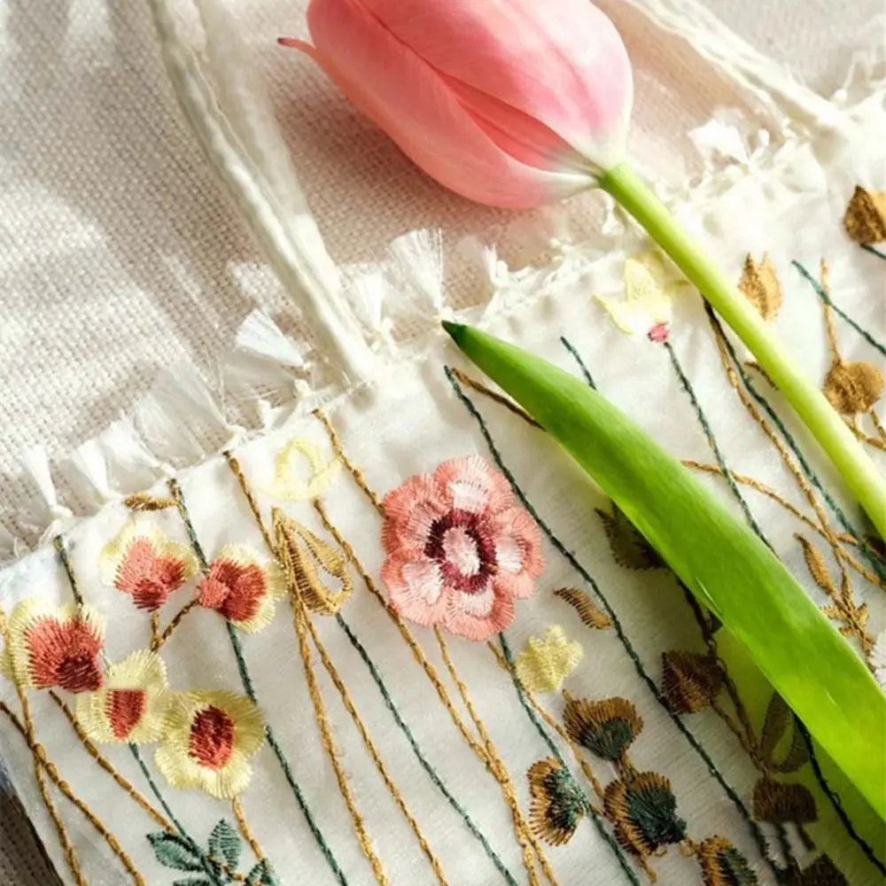 Simple Camellia Flower Embroidery Cloth Bag Lace Large Capacity Canvas Shoulder Bag Handbag Cosmetic Bag Ethnic Style Bag Girls