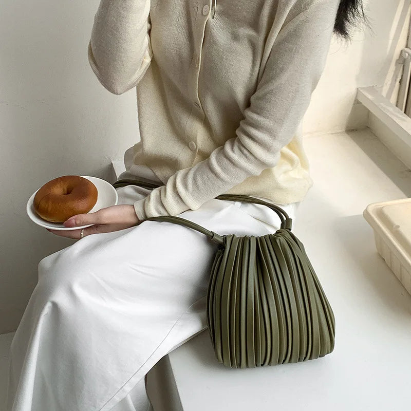 PU Leather Small Square Crossbody Bags for Women 2025 New Fashion Pleated Versatile Phone Shoulder Bag Korean Luxury Handbags