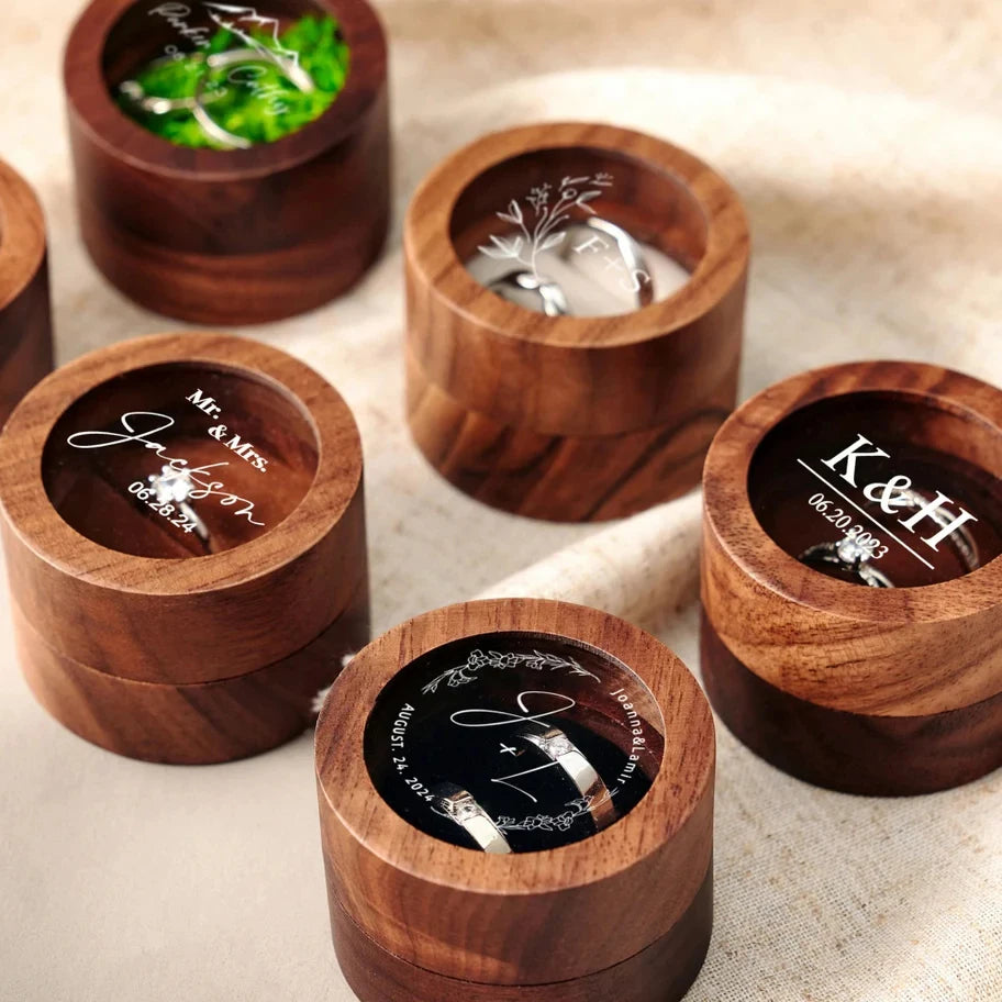Free Custom Logo Walunt Wood Ring Box Wooden Engraving Wedding Proposal Engagement Round Wood Free Custom Name and Date Ring Box