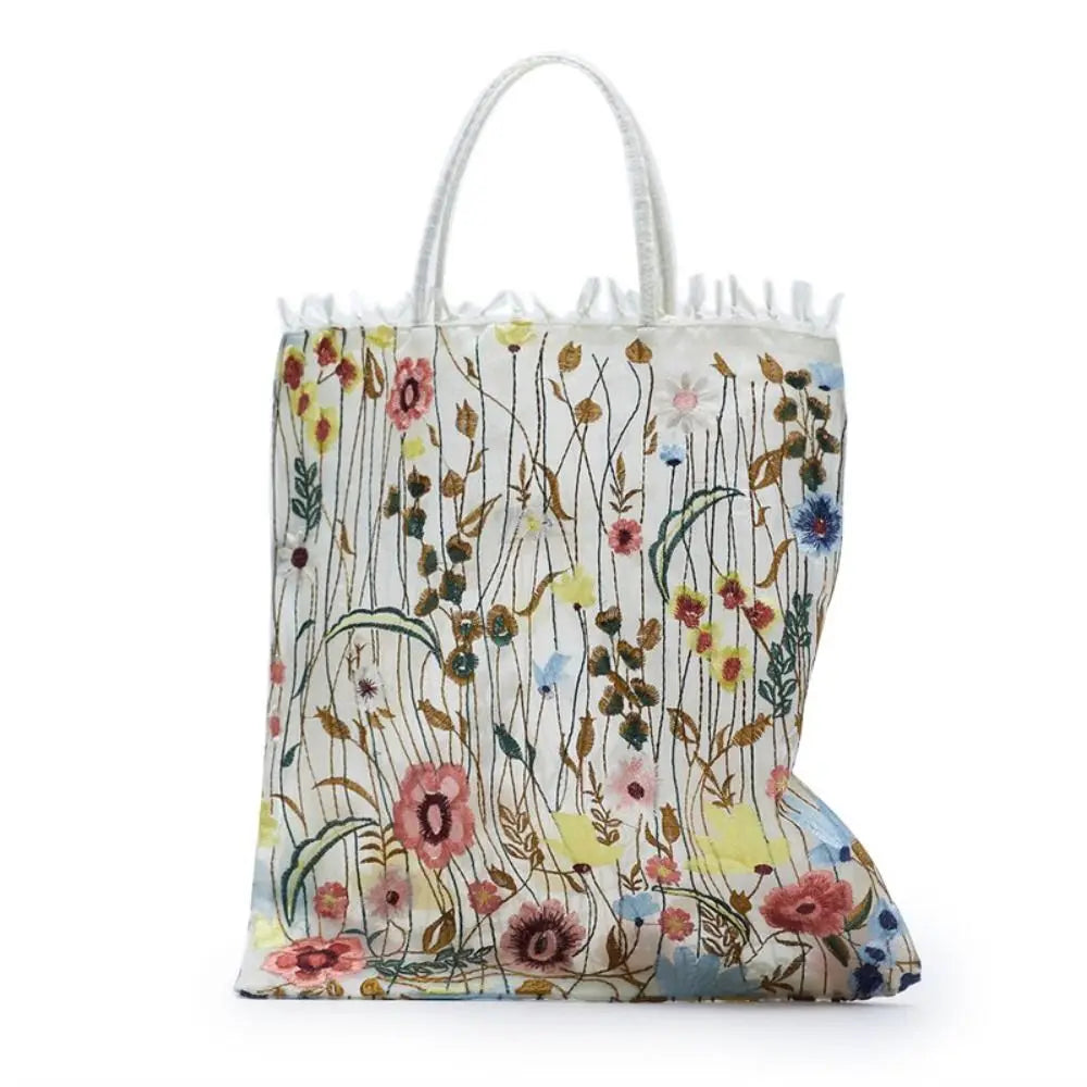 Simple Camellia Flower Embroidery Cloth Bag Lace Large Capacity Canvas Shoulder Bag Handbag Cosmetic Bag Ethnic Style Bag Girls