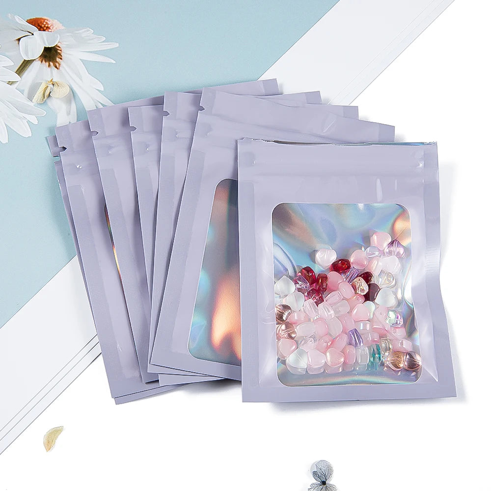 50Pcs Thick Smell Proof Mylar Bag Holographic Laser Color Plastic Packaging Pouch Jewelry Retail Storage Pouch Gift Zip Lock Bag