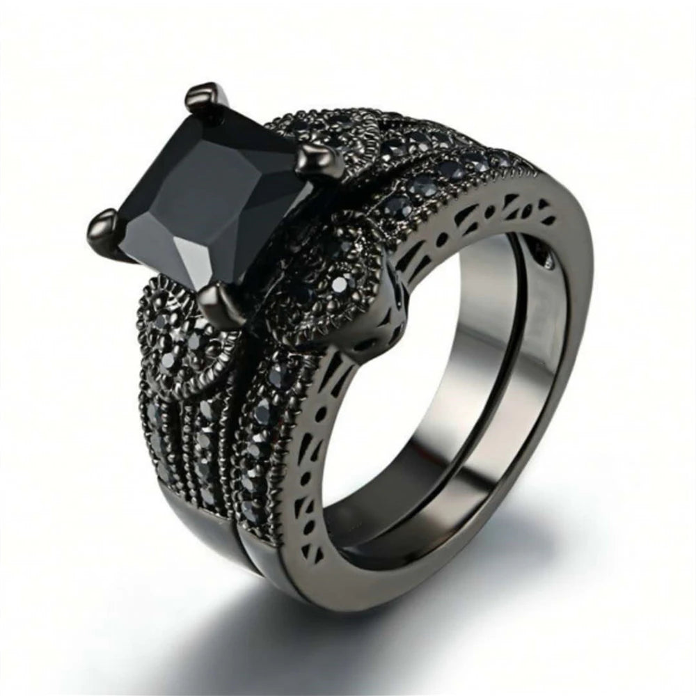 Gorgeous Black Full Zircon Couple Ring Fashion Men's Stainless Steel Ring Elegant Women's Heart-shaped 2pcs Wedding Jewelry Gift
