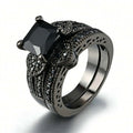 Gorgeous Black Full Zircon Couple Ring Fashion Men's Stainless Steel Ring Elegant Women's Heart-shaped 2pcs Wedding Jewelry Gift