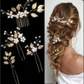 Pearl Hairpin With Side Comb Wedding Hair Accessories Golden Leaf Beads Flower Hair Clip U-shaped Alloy Headwear Fashion Jewelry