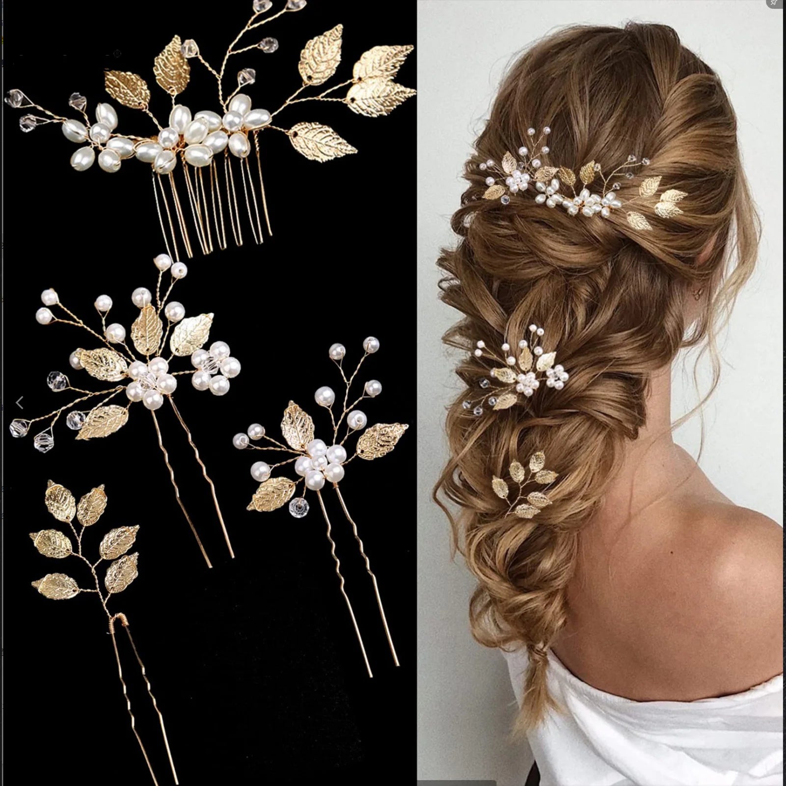 Pearl Hairpin With Side Comb Wedding Hair Accessories Golden Leaf Beads Flower Hair Clip U-shaped Alloy Headwear Fashion Jewelry