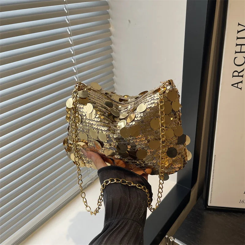 Sequin Evening Party Shoulder Bags for Women Lightweight Portable Ladies Chain Crossbody Bag Solid Color Casual Female Handbag