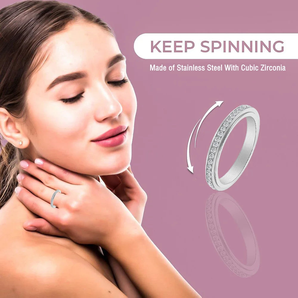 Fidget Anxiety Ring Drive Away Your Anxiety Stainless Steel Spinner Band Rings Cubic Zirconia Rings With Gift Box