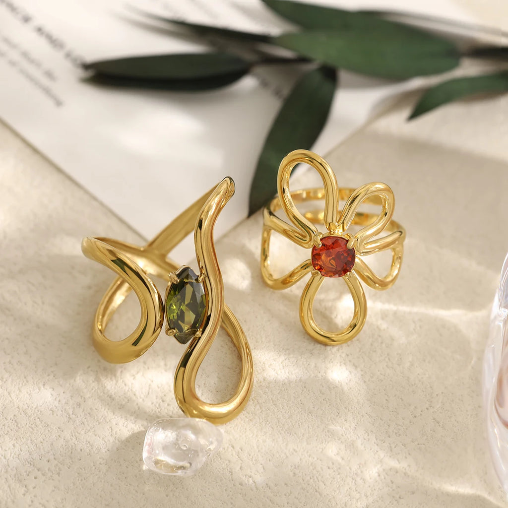 WILD & FREE 18K Gold Plated Stainless Steel Irregular Rings for Women Chic Exquisite Luxury Vintage Crystal Trendy Jewelry