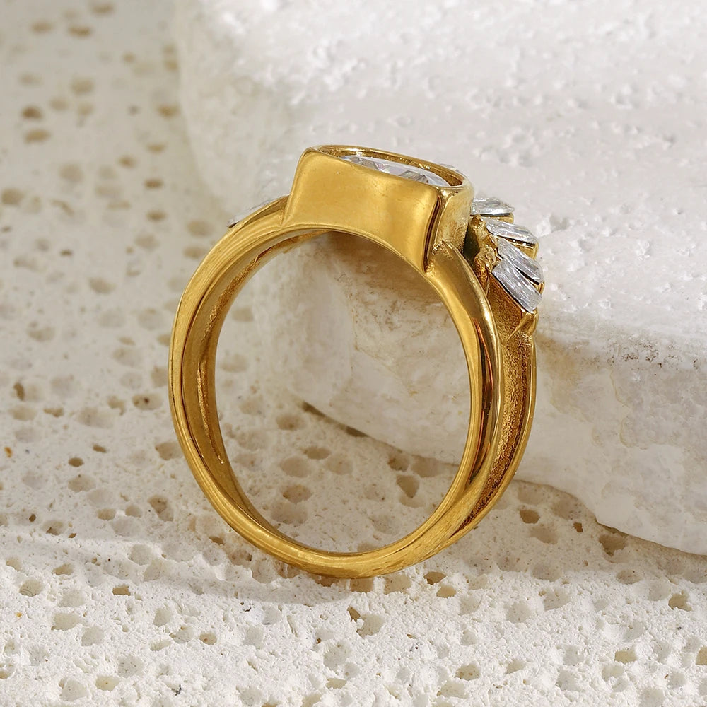 E.B.belle Stainless Steel Rhinestone Jewelry Elegant Sun Layer Shaped Ring  Tarnish Free For Women's Gift Party