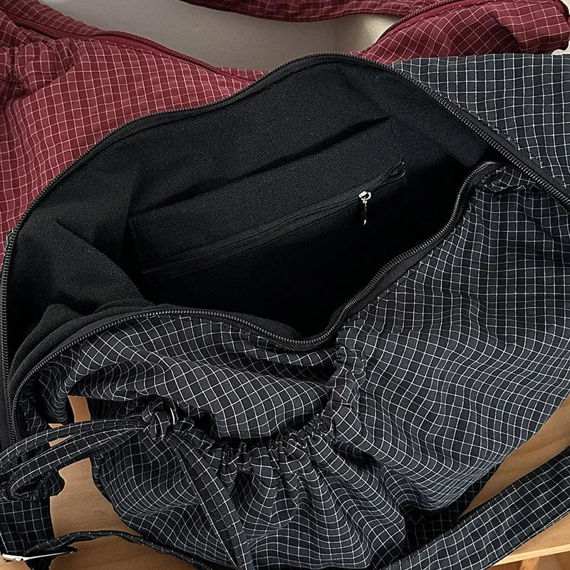Retro Plaid Hobos Shoulder Bags for Women Drawstring Pocket Nylon Dumpling Bag Large Capacity Portable Travel Messenger Bag