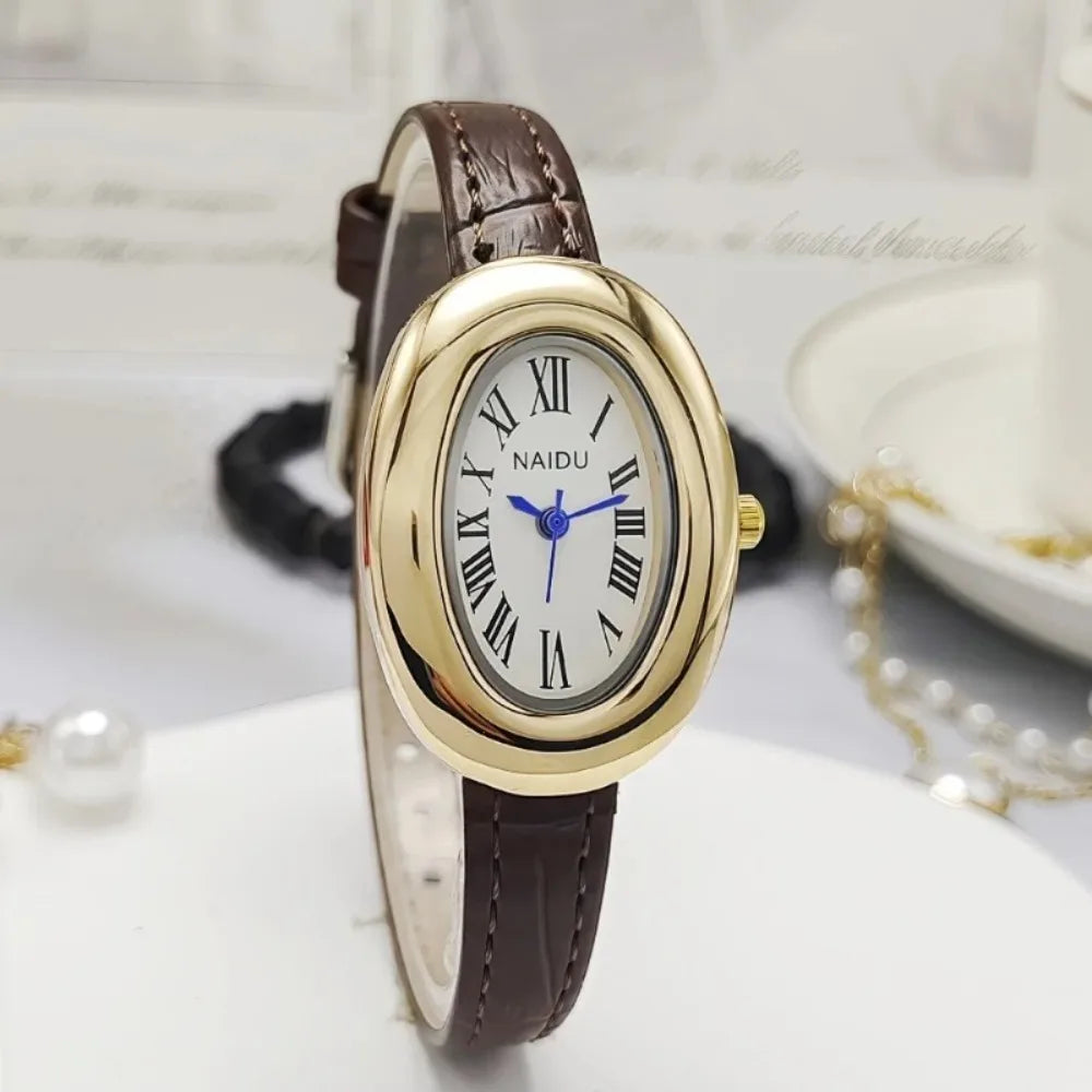 Vintage Oval Goose Egg Quartz Watch Fashion Luxury Leather Strap Women Wristwatch Ladies Dress Watches Gift Clock Relojes