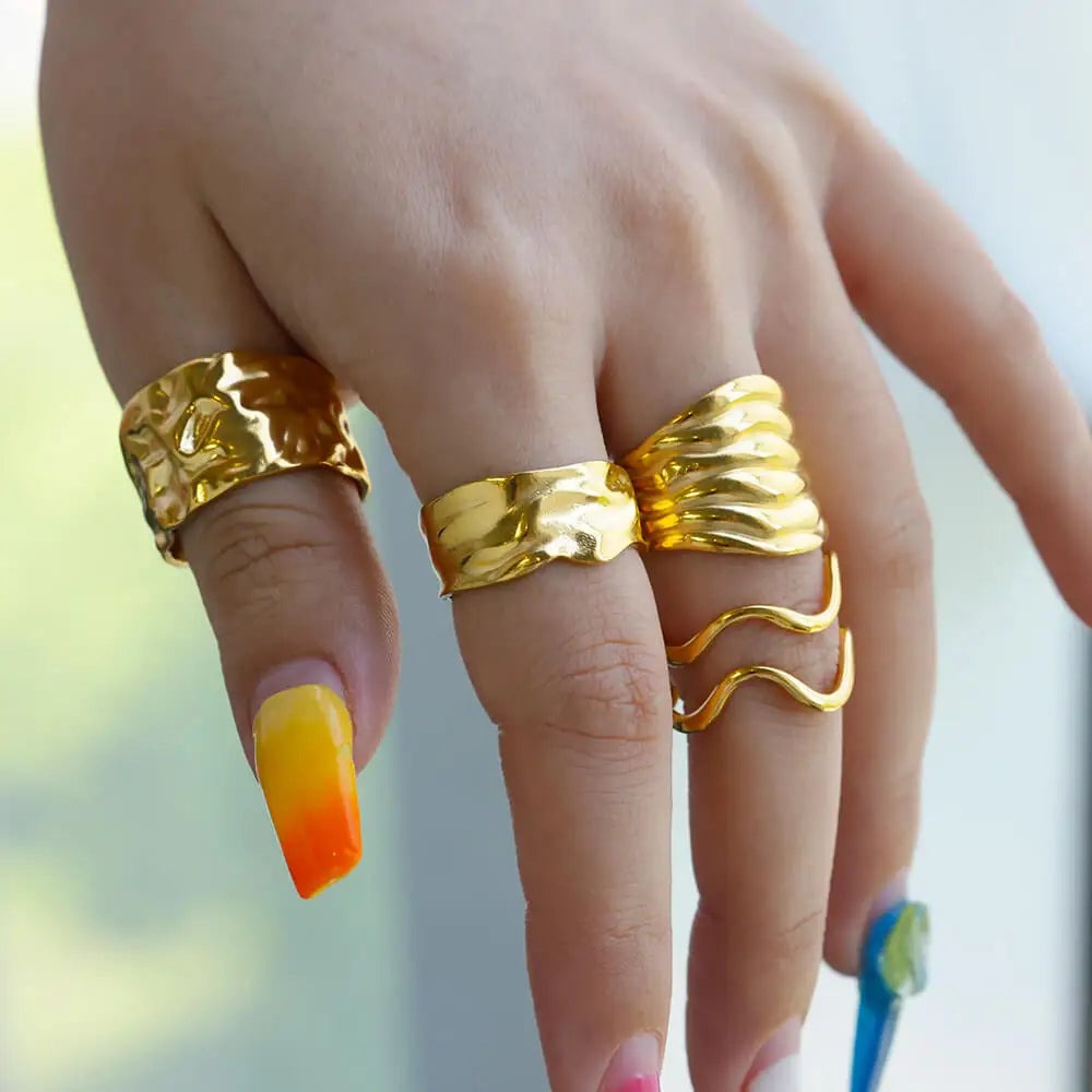 Irregular Geometric Chunky Opening Rings for Women Stainless Steel Gold Color Ring Aesthetic Wedding Waterproof Jewelry Gift