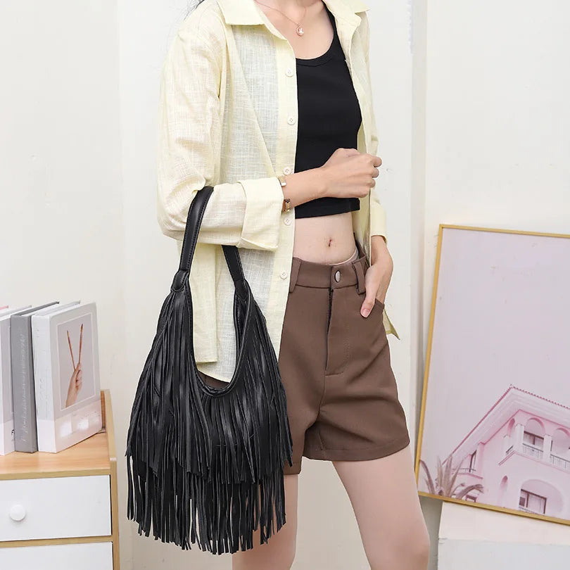 Long Tassels Women Handbag Fashion Shoulder Bags for Ladies Hand Bag Soft PU Leather Casual Hobos Armpit Bag Female Tote