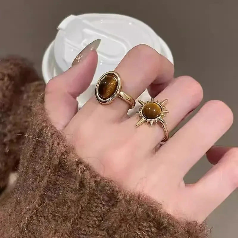 Retro Brown Stone Rings for Women Girls Sun Irregular Gold Color Aesthetic Rings Opening Adjustable Ring Fashion Jewelry Gifts