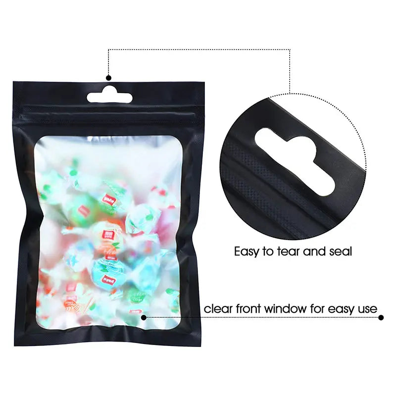 50pcs Black Flat Foil Lock Bags Bath Salt Cosmetic Bag One Side Clear Mini Thick Mylar Resealable Bags Smell Proof Ziplock